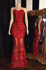 Sweetheart Strapless Sequins Pattern Long Mermaid Prom Gowns-Ballbella