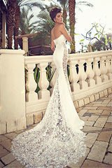Sweetheart White Lace Wedding Dresses Mermaid Zipper Sleeveless Bridal Dresses-Ballbella