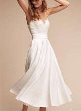 Tea-Length Lace Short Reception Wedding Dresses-Ballbella