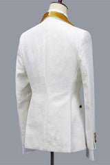 Three Pieces Jacquard White Wedding Men Suit with Velvet Lapel-Ballbella