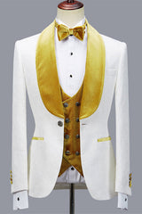 Three Pieces Jacquard White Wedding Men Suit with Velvet Lapel-Ballbella