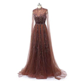Timeless Chocolate High Collar Long Sleeves Tulle Prom Dresses A-Line With Beads Pleats-Ballbella