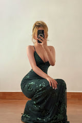 Timeless Dark Green Spaghetti-Straps Sleeveless Prom Dresses Mermaid V-Neck With Lace-Up Back-Ballbella