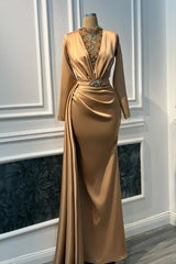 Timeless Gold High Collar Long Sleeves Satin Prom Dresses Mermaid Gem With Beads Ruffles-Ballbella