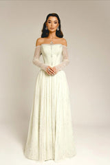 Timeless Off-The-Shoulder Long Sleeves A-Line Prom Dresses Sequins Gem Long Online-Ballbella