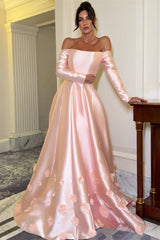 Timeless Pink Off-The-Shoulder Long Sleeves Satin Prom Dresses A-Line Lace-Up Back With Flower-Ballbella