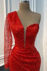 Timeless Red One Shoulder Long Sleeves Sequins Prom Dresses Mermaid Online-Ballbella