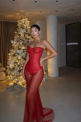 Timeless Red Sweetheart Strapless Sleeveless Prom Dress Mermaid Sheath With Gem-Ballbella