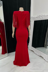 Timeless Red V-Neck Short Sleeves Satin Prom Dresses Mermaid Tassel With Zipper-Ballbella