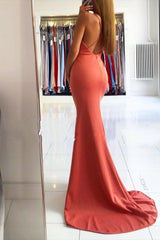Trendy Coral Criss-cross Back Mermaid Split Evening Dress-Ballbella