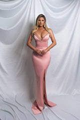 Trendy Dusty Rose V-Neck Mermaid Satin Prom Dress Sheath Sleeveless Side Slit With Beads-Ballbella