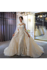 Trendy High neck Mermaid Lace Ivory Wedding Dress with Overskirt-Ballbella