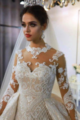 Trendy High neck Mermaid Lace Ivory Wedding Dress with Overskirt-Ballbella