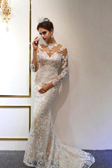 Trendy High neck Mermaid Lace Ivory Wedding Dress with Overskirt-Ballbella