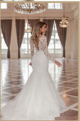 Trendy Long Sleeves V-Neck Mermaid Wedding Dresses with Chapel Train-Ballbella