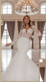 Trendy Long Sleeves V-Neck Mermaid Wedding Dresses with Chapel Train-Ballbella