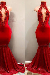 Trendy Mermaid Red Lace High Neck Prom Party Gowns| Red Prom Party Gowns-Ballbella