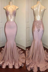 Trendy Pink Beads Spaghetti Strap Prom Party Gowns| Mermaid Prom Party Gowns-Ballbella