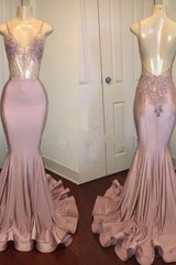 Trendy Pink Beads Spaghetti Strap Prom Party Gowns| Mermaid Prom Party Gowns-Ballbella
