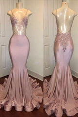 Trendy Pink Beads Spaghetti Strap Prom Party Gowns| Mermaid Prom Party Gowns-Ballbella