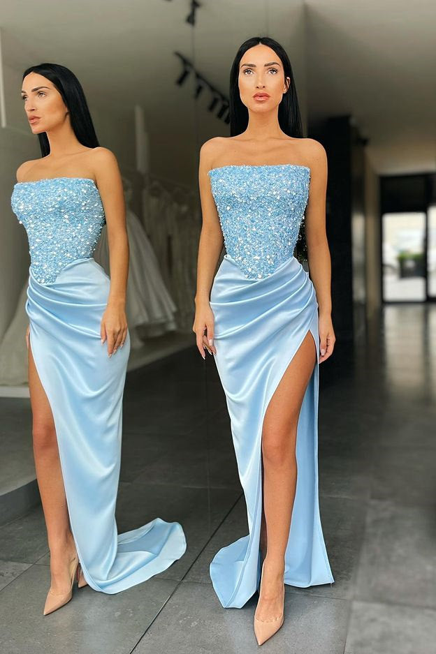 Trendy Sky blue Strapless Sequin Top High split Prom Dress Trendy Sky blue Strapless Sequin Top High split Prom Dress