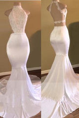 Trendy White Mermaid High-Neck Sleeveless Prom Party Gowns-Ballbella