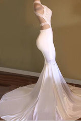 Trendy White Mermaid High-Neck Sleeveless Prom Party Gowns-Ballbella