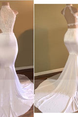 Trendy White Mermaid High-Neck Sleeveless Prom Party Gowns-Ballbella