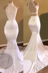 Trendy White Mermaid High-Neck Sleeveless Prom Party Gowns-Ballbella