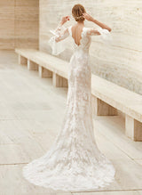 Trumpet Mermaid Fitted V-Neck Long Sleeves Lace Court Train Wedding Dresses Split Front Lace-Ballbella