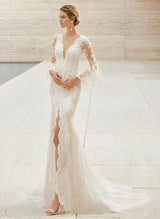 Trumpet Mermaid Fitted V-Neck Long Sleeves Lace Court Train Wedding Dresses Split Front Lace-Ballbella