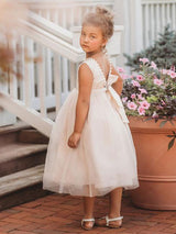 Tulle Champagne Jewel Neck Sleeveless Short Princess Party Dress Kids Sash Pageant Dresses-Ballbella