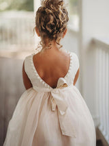 Tulle Champagne Jewel Neck Sleeveless Short Princess Party Dress Kids Sash Pageant Dresses-Ballbella