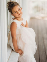 Tulle Champagne Jewel Neck Sleeveless Short Princess Party Dress Kids Sash Pageant Dresses-Ballbella