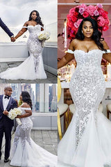 Tulle Court Train Mermaid Sleeveless Off the Shoulder Ruffless Wedding Dresses-Ballbella