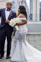 Tulle Court Train Mermaid Sleeveless Off the Shoulder Ruffless Wedding Dresses-Ballbella