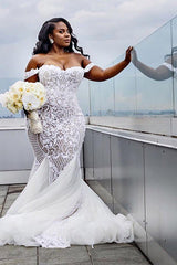 Tulle Court Train Mermaid Sleeveless Off the Shoulder Ruffless Wedding Dresses-Ballbella