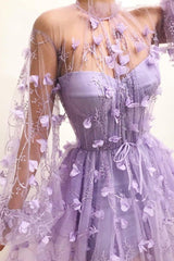 Tulle High Neck Front Slit Prom Party Gowns| Chic Appliques Flowers Long Sleevess Prom Party Gowns-Ballbella