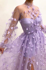 Tulle High Neck Front Slit Prom Party Gowns| Chic Appliques Flowers Long Sleevess Prom Party Gowns-Ballbella