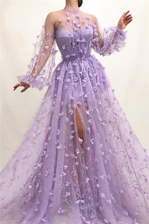 Tulle High Neck Front Slit Prom Party Gowns| Chic Appliques Flowers Long Sleevess Prom Party Gowns Tulle High Neck Front Slit Prom Party Gowns| Chic Appliques Flowers Long Sleevess Prom Party Gowns