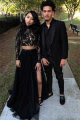 Two Piece Long Sleeves Evening Gown Black Chic Slit Lace Prom Party Gowns-Ballbella