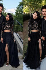 Two Piece Long Sleeves Evening Gown Black Chic Slit Lace Prom Party Gowns-Ballbella