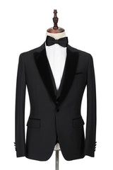 Two-piece Velvet Peak Lapel Well-cut Black Groom's Wedding Suit Tuxedos-Ballbella