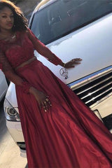 Two Pieces Round Neck Long Sleevess A-Line Prom Party Gowns-Ballbella