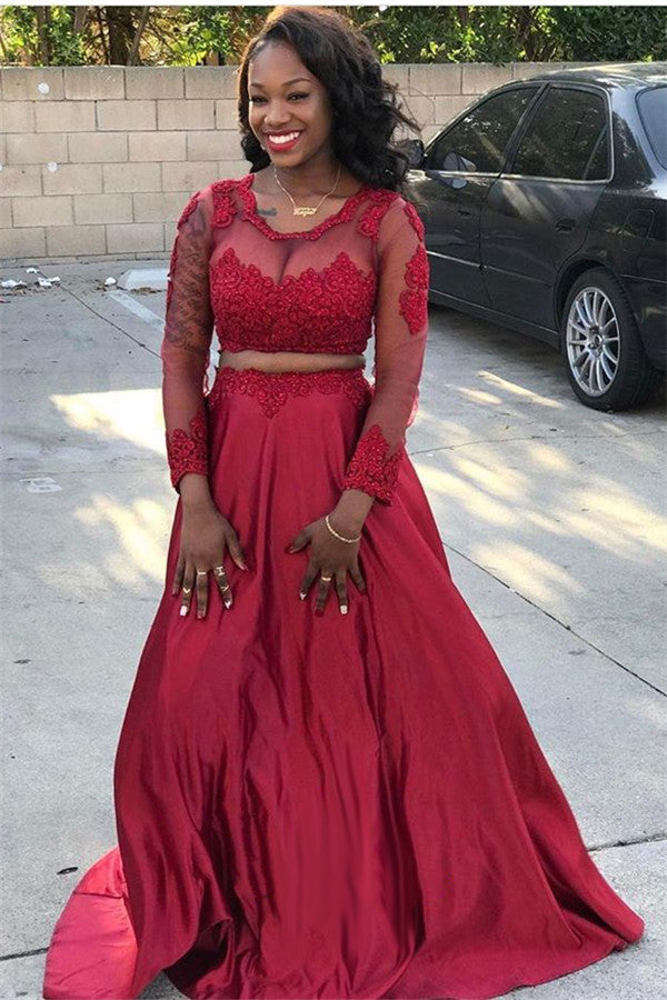 Two Pieces Round Neck Long Sleevess A-Line Prom Party Gowns Two Pieces Round Neck Long Sleevess A-Line Prom Party Gowns