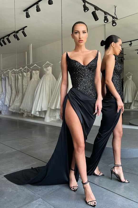 Unique Black special Strapless High-split Lace-up Sequined Prom Dress Unique Black special Strapless High-split Lace-up Sequined Prom Dress