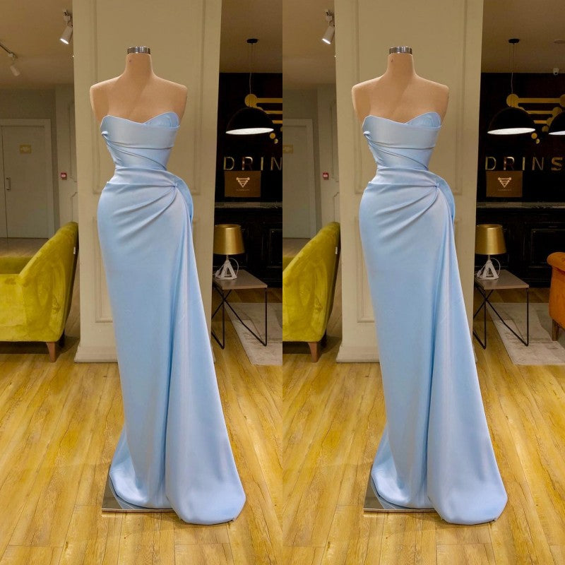 light blue dress long Unique Cross Sweetheart Light Blue Soft-pleated Long Prom Dress