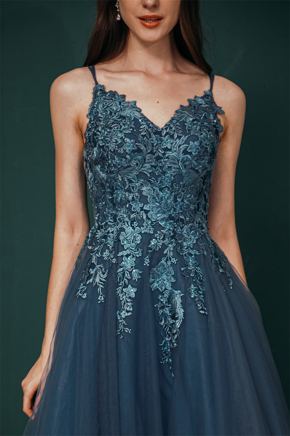Unique Dusty Blue Tulle A-line Low back Spaghetti-strap Prom Dress Ballbella Unique Dusty Blue Tulle A-line Low back Spaghetti-strap Prom Dress Ballbella