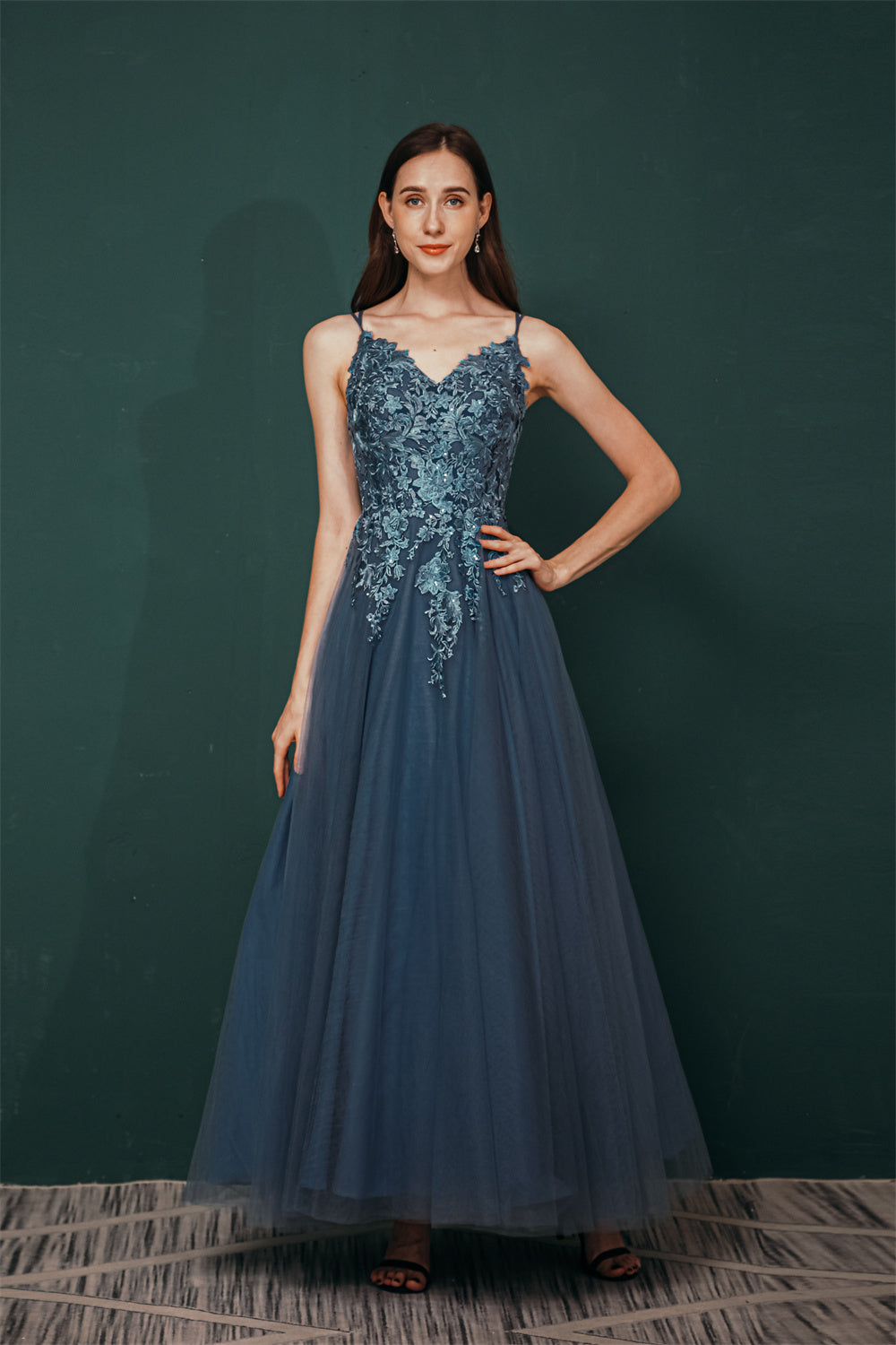 Unique Dusty Blue Tulle A-line Low back Spaghetti-strap Prom Dress, Dusty Blue / US2 Unique Dusty Blue Tulle A-line Low back Spaghetti-strap Prom Dress, Dusty Blue / US2