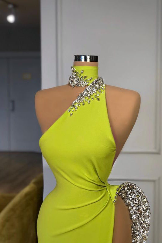 Unique Ginger Yellow Triangle Neck Sexy High Side-Cut Long Evening Dress Unique Ginger Yellow Triangle Neck Sexy High Side-Cut Long Evening Dress